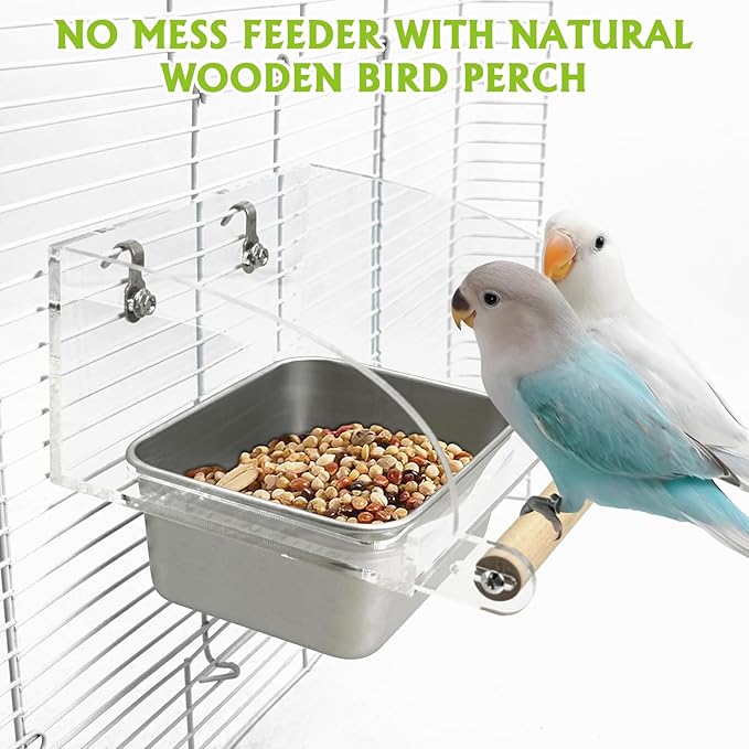 BNOSDM No Mess Bird Feeder for Cage with Stainless Steel Food & Water Bowl Wood Anti-Slip Perch Stand with Acrylic Parakeet Seed Dishes for Cockatiel, Lovebird, Canary, Finch, Conure (Hook)