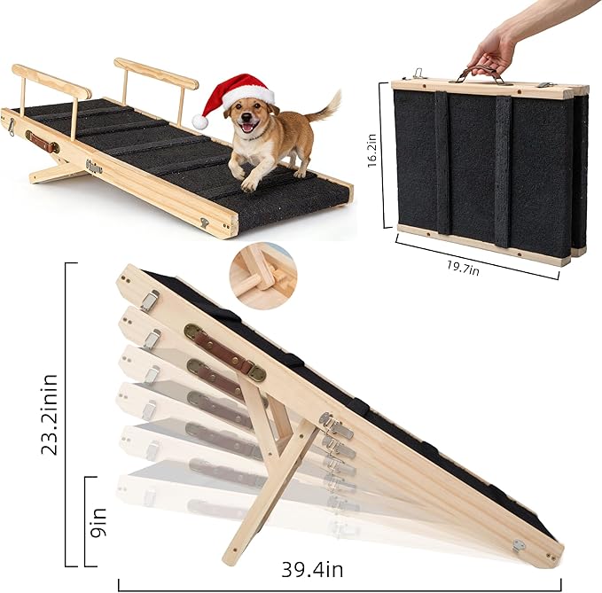 Wooden Pet Ramp for Bed, Foldable Dog Ramp with Removable Side Rails, Lightweight Ramp for Dogs for Large Dogs Senior Cats, Supports up to 70 lbs for Easy Access to Bed or Car (Medium)
