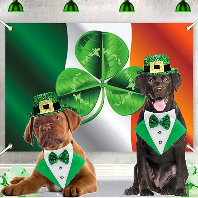 2 PCS St. Patrick's Day Costume Dog Bandana Collar and Pet Top Hat Buckle Green Dog Bow Tie Formal Tux Clothes with D-Ring Irish Tuxedo Saint Patrick Outfits for Dogs Puppy Cat Party Dress (Large)