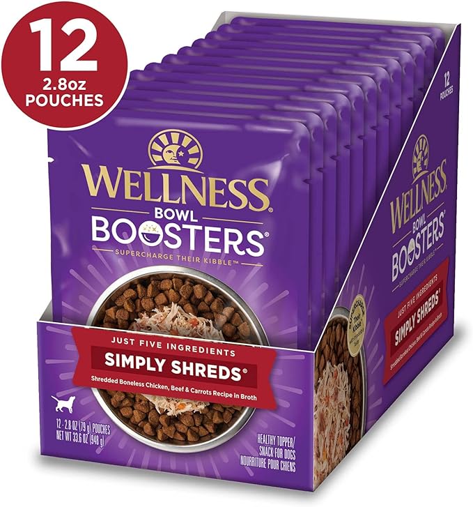 Wellness Bowl Boosters Simply Shreds Wet Dog Food Topper for Small,Medium,& Large Breeds,Grain Free,Natural,Chicken,Beef & Carrots,2.8 Ounce Pouch,(Pack of 24)