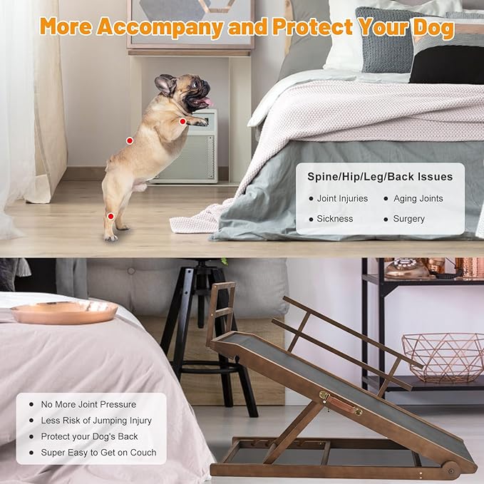 Dog Ramp for Bed, Adjustable Pet Ramps for Dogs to Get on Bed, Large Dogs Ramp for High Beds, Safety Dog Ramps with Rail for Couch/Car, Adjustable from 15" to 28" Height