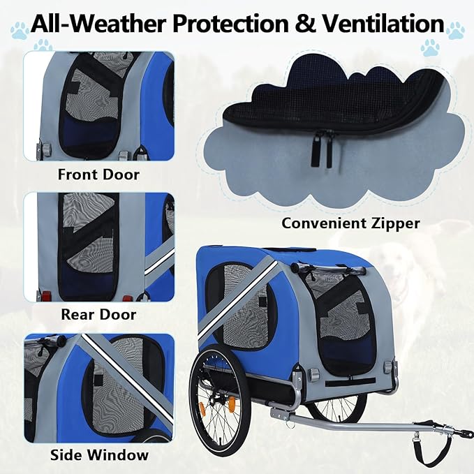Large Dog Trailer for Bike, Folding Bike Trailer for Dogs with 18.9" Wheels, 120LB Capacity All-Terrain Pet Carrier, Universal Bicycle Coupler