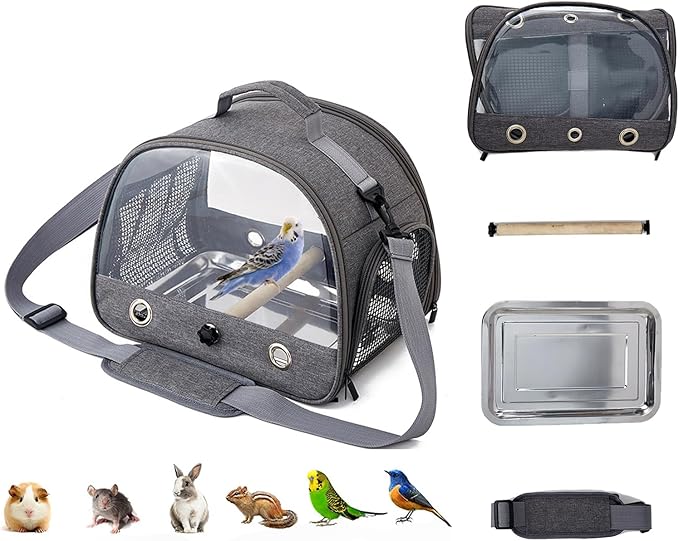 MANON ROSA Bird Carrier Backpack with Perch - Lightweight and Breathable Parrot Travel Cage with Stand Tray Shoulder Strap for Small Pets: Chinchillas, Hamsters, Squirrels, Bunnies, Kittens