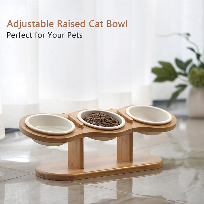 Elevated Cat Bowls, 2 Heights Adjustable Raised Dog Bowl Stand, 3 Ceramic Bowls for Cats and Small Dogs, 15° Tilted