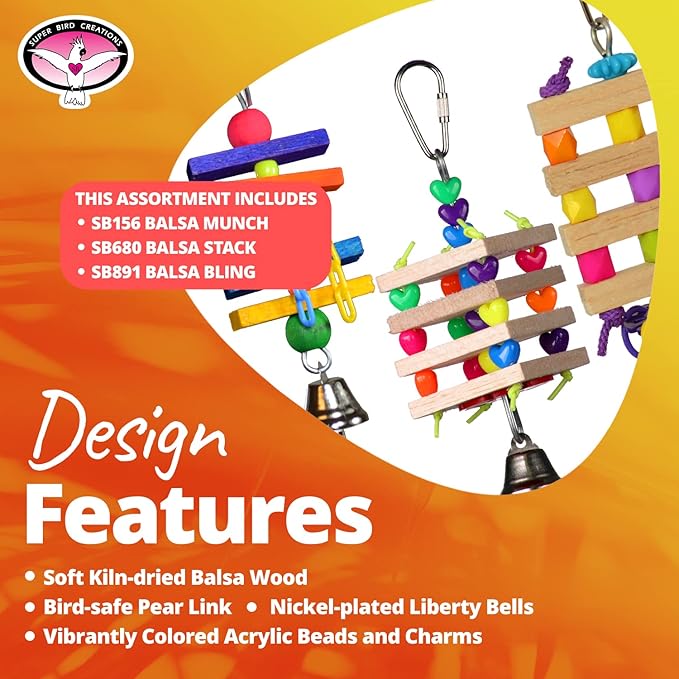 Super Bird Creations SB50012 Balsa Lovers Bird Toy Assortment - Stimulating Wooden Bird Toys for Parrotlets, Parakeets, Cockatiels - Colorful Variety Pack for Small Birds - Satisfies Chewing Behavior