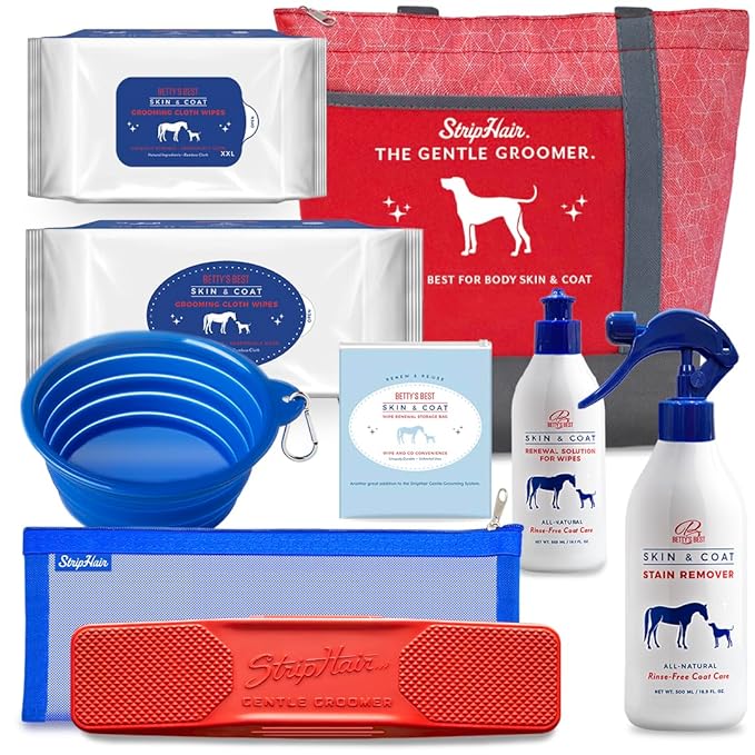 StripHair DOG Grooming Kit 8-piece: The Gentle Groomer 6-in-1 Shedding Coat Shine Massage and Pet Hair Remover Tool, Storage Pouch, 2 Packs Bamboo Wipes, 2 Coat Cleaners, Dog Bowl, Tote Bag