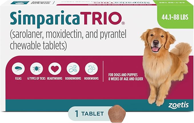 Simparica Trio (sarolaner, moxidectin, and pyrantel chewable Tablets) Chewables for Dogs, 48 mg/tab, 44.1-88 lbs, (Green), 1 Tablet