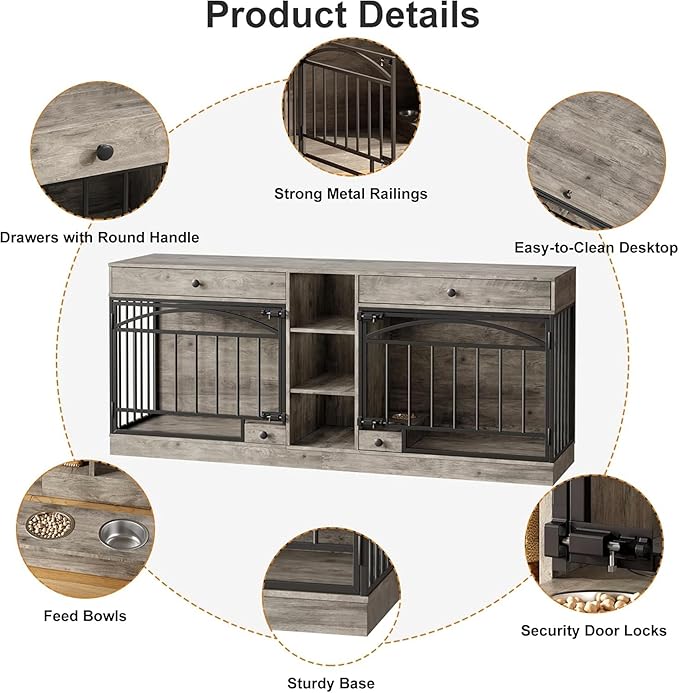 GAOMON Dog Crate Furniture for 2 Dogs, 78.7'' Large Dog Kennel Indoor with 2 Storage Drawers, 3 Shelves and Feeding Bowls, Double Dog Crate TV Stand for Small and Medium Dogs, Gray