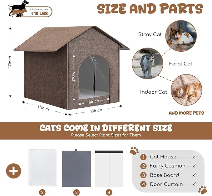 Outdoor Cat House Weatherproof, Insulated Cat Dog Houses for Outdoor/Indoor Cats for Winter, Waterproof Feral Stray Cat Shelter with Door Curtain and Warm Cushion, Easy to Assemble, Brown