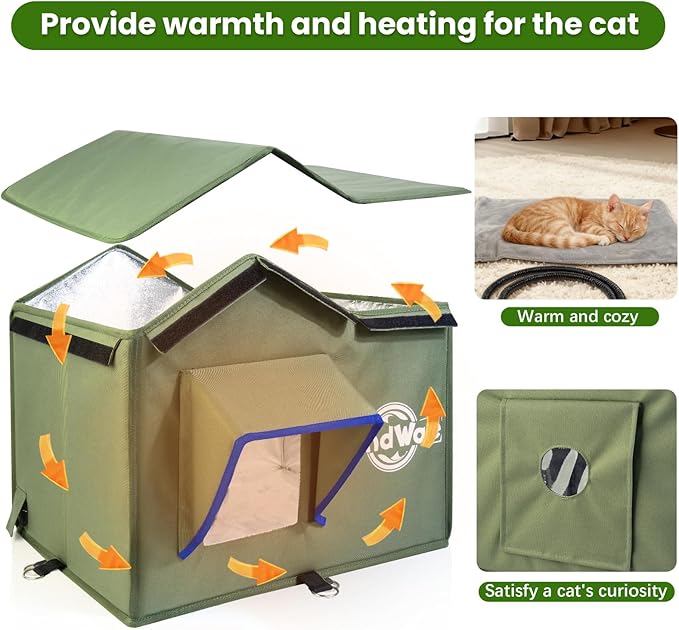 Outdoor Cat House Heated Cat House for Outside with Elevated Base Cat-Attracting Eave Design Feral Stray Shelter Weatherproof in Winter Garage Yard Porch