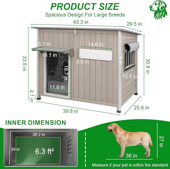 Dog House Outdoor Weatherproof & Wooden Dog Kennel with Chew-Proof Iron Frame，Removable Floor, Adjustable Vent Window, Easy Assembly for Medium Dogs (43.3" L x 29.5" W x 33.5" H)