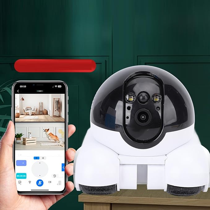 Bewinner Smart Security Camera, 2MP Double Lens Home Baby Pet Monitor with Wheels, Two Way Audio, 1080P WiFi Movable Cat Dog Camera, One Key Following & Remote Control