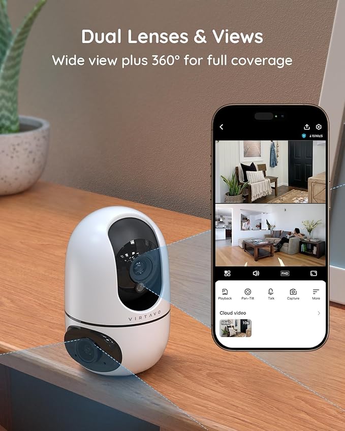 VIRTAVO XD1 Indoor Pet & Baby Camera, No Subscription Required, Dual-Lens 360° PTZ, Motion Tracking, 2-Way Audio, Night Vision, Cloud/SD Storage, Phone App, WiFi, 2-Pack with 2-Year Warranty
