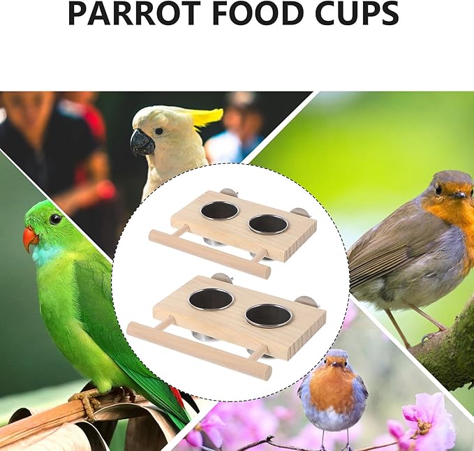 Yardwe Parrot Food Cups and Stainless Steel Feeding Bowls with Wood Stand, 2pcs Set (Small Large) for Bird Cage Feeding and Watering Supplies