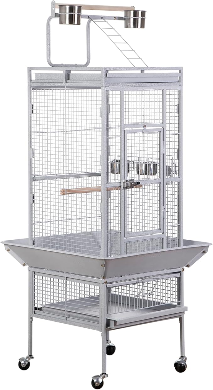 LEMY 61 Inch Bird Cage,Large Iron Flight Parakeet Cage with Play Top and Rolling Stand,White Indoor&Outdoor Use Birdcage for Parrots,Cockatiels,Conures,Lovebirds, Small Birds