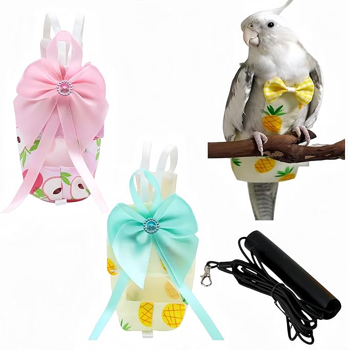 2 Pcs Bird Diapers Bird Harness Flight Suits Diapers with 80in Flying Leash Reusable Parrot Nappy with Waterproof Inner Layer for Cockatiel Budgie Conure Parakeet Lovebird-Pineapple&Peach