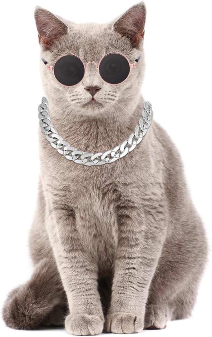 Cat Costume Sunglasses with Collar Chain, Retro Pet Eyeglasses Funny Kittens Costume Docorations Cosplay Dog Puppies Photo Props for Birthday (Silver)