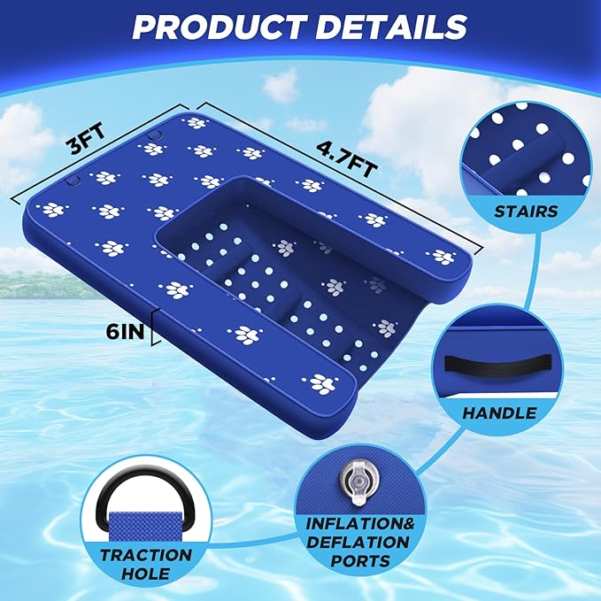 Inflatable Dock Platform, Dog Boat Ramp Floating Non-Slip Oxford and PVC with Water Ramp for Dogs Pool, Dock, Lake,Boat, with Traction Rope, Inflation Pump Blue (4.6ft x 3ft x 6in) Dark Blue