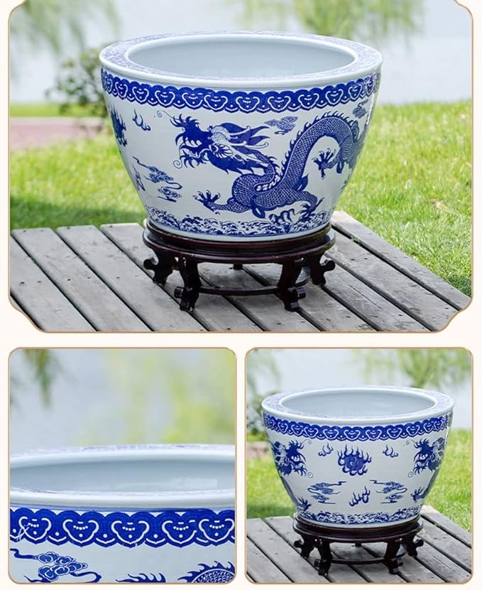 Fish Tabk Chinese Style Blue and White Ceramic Goldfish Bowl Fish Tank Balcony Fish Culture Tank Courtyard Lotus Tank Turtle Tank Aquarium Starter Kits Cool Fish Tank(Color:B,Size:42cm)