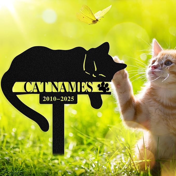 Custom Sleeping Cat Grave Marker Outdoor, Personalized Metal Cat Memorial Grave Stake with Name and Date, Outdoor Waterrproof Cats Memorial Plaque