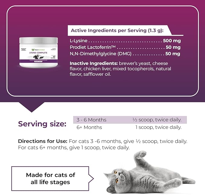 VetriScience Ultimate Strength Lysine Immunity Health Powder for Cats & Kittens, Supplement for Allergy & Nasal Support, Sneezing, Runny Nose & Watery Eyes, Chicken & Cheese Flavor, 60 Count -New Look