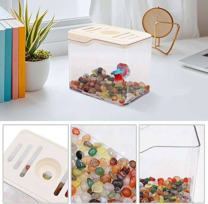 Betta Fish Tank, 0.25 Gallon Mini Plastic Quadrate Aquariums with Colorful Stone, Beta Fish Aquariums, Tiny Cube Tank for Office, Table, Living Room, Desk