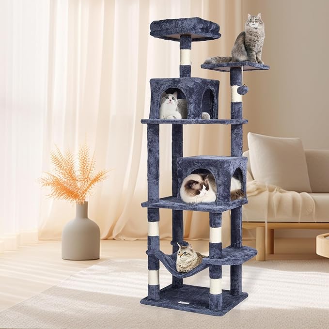 VEVOR Cat Tree for Indoor Cats, 63" Cat Tower with 2 Cat Condos, Sisal Scratching Post, Hammock, Top Perch, Jumping Platforms, Large Cat Furniture Activity Center with Hang Ball, Dark Grey