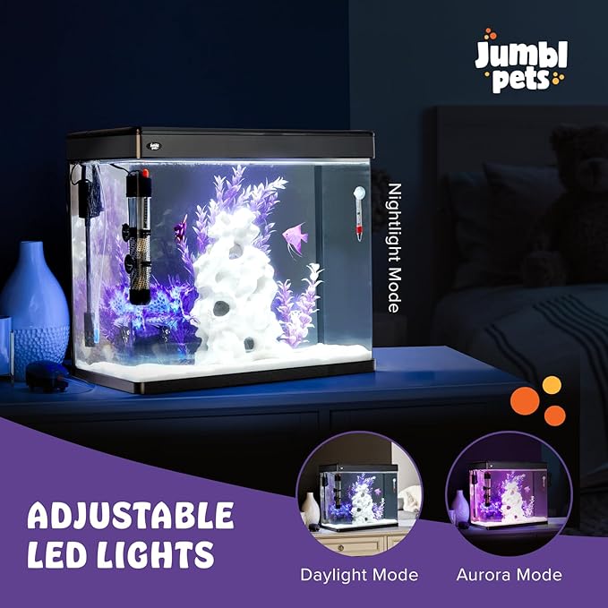 JumblPets Premium Fish Aquarium Kit, Complete Glass Fish Tanks Set with LED, Filtration System & Set, Hood & Lid, Bubbler Kit, Heater, Thermometer & Net, Ideal for Freshwater/Marine Fish, 7 Gallon
