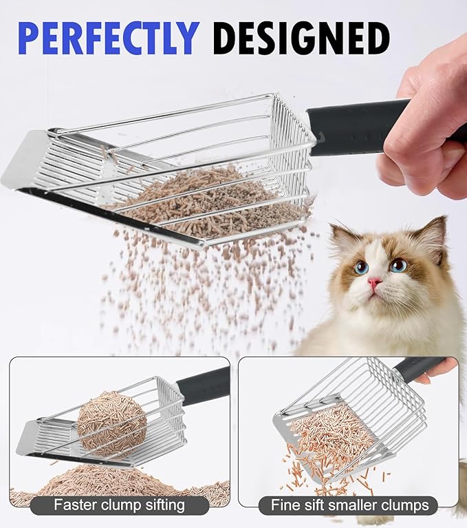 2PCS Cat Litter Scoop,Solid and Durable Kitty Metal Scooper,Stainless Steel Sifter,Heavy Duty,for Litter Box,Black Rubber Handle,Included Stainless Steel Hook