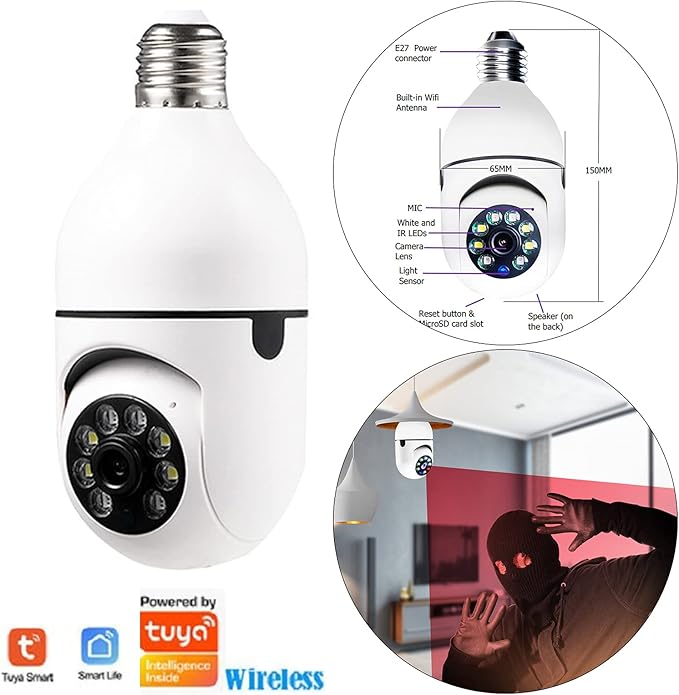 Home WiFi Camera Light Bulb IP Security Camera Wireless Night Network Surveillance Baby Monitor Dog Pet Camera Indoor 360 Eyes Night Vision Camera 1080P Home Security Camera/397