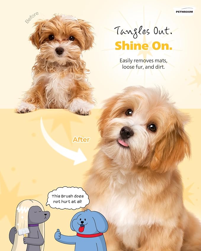 PETHROOM Pet Healing Slicker Brush with One-Touch Clean Button | Gentle Grooming Brush for Dogs & Cats | Removes Shedding, Mats & Tangles with Coated Tips, White & Yellow