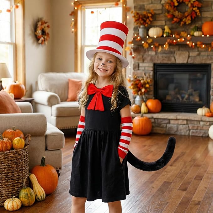 4 Pcs Cat Costume with Red and White Stovepipe Hat Bow Tie Gloves Tail Fit World Book Day Halloween Cosplay Party Costume Accessories