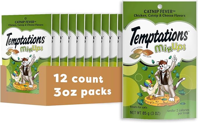 Temptations Cat Treats, Classic Crunchy and Soft Cat Treats, Catnip Fever Flavor, Catnip Treats, 3 oz. Pouch (Pack of 12)
