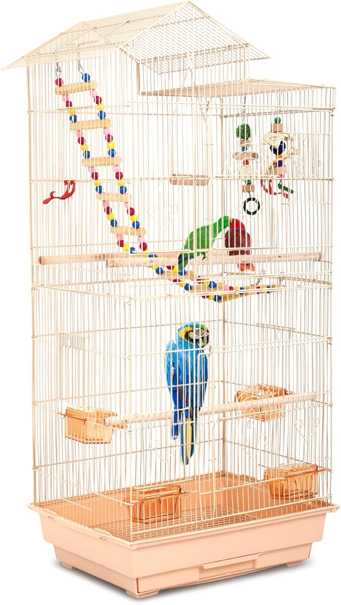 HCY Bird Cage 39 Inch Bird Cages for Parakeets Roof Top Large Flight Parrot Cage with Toys for Small Medium Birds,Cockatiel,Parakeets,Parrot,Lovebirds,Finch,Canary Bird Cage(Almond), 17''Lx13''W''39H