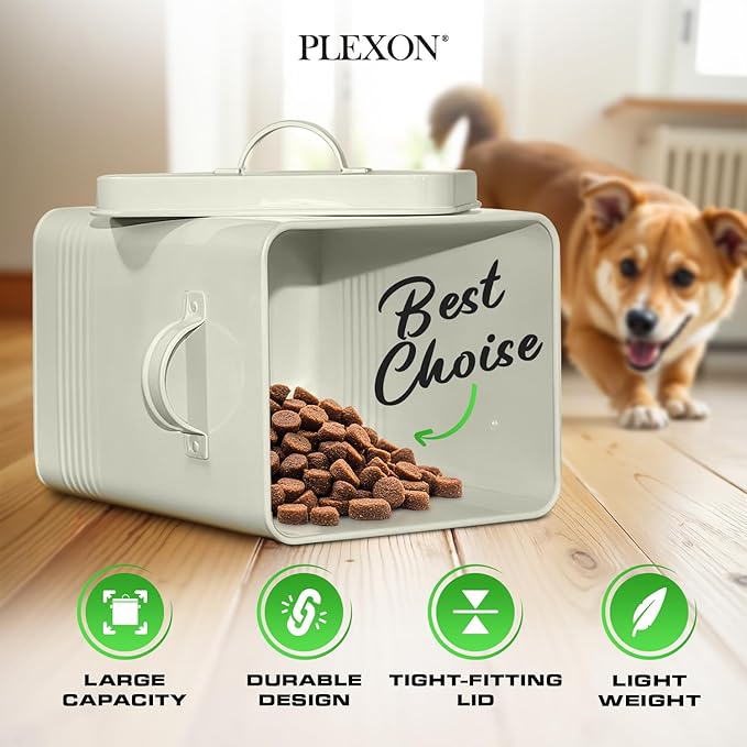 Plexon Metal Dog Food Storage Container with Scoop - Small Dog Food Container Holder Treat Jar Bin with Lid - Pet Chow Storage Canister Tin, 1.5 Gallon, 7 lbs, Off-White