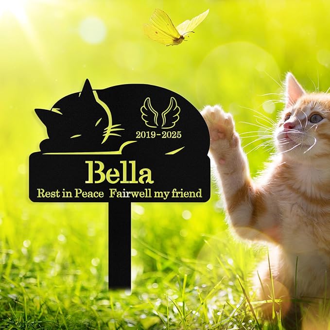 Custom Sleeping Cat Grave Marker Outdoor, Personalized Metal Cat Memorial Grave Stake with Name and Date, Outdoor Waterrproof Cats Memorial Plaque