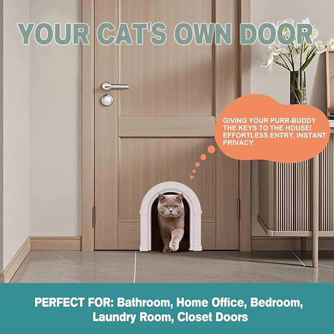 Cat Door for Interior Doors Large - No-Flap, No Training Needed, Fits Cats Up to 25 lbs, Easy Installation, Installs in Minutes, Lockable, Fits 1.25" to 1.75" Thick Solid & Hollow Doors