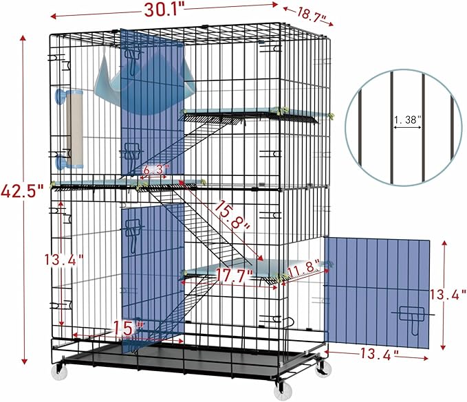4-Tier Cat Cage Indoor: Large Cat Enclosure Pet Playpen Detachable Metal Wire Kennel Collapsible Crate with Scratching Post & Plush Pads & Hammock for Cats Kittens