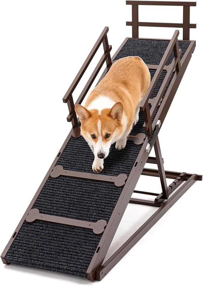 COSIEST Dog ramp for Bed, Wooden Pet Ramp Folding Portable for Couch and Bed, 64.5 Inch Long and Height Adjustable Dog ramp with Anti-Slip Grip & Safety Rails, Up to 200lbs, Brown