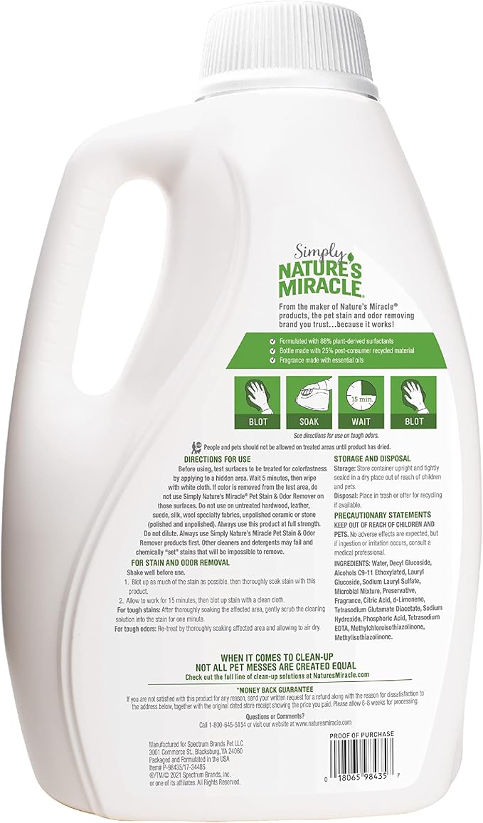 Nature's Miracle Simply Pet Stain and Odor Remover, 128 Ounce, Made with 86% Plant-Derived Surfactants, Multicolor, 128.00 Fl Oz (Pack of 1)