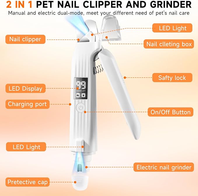 2 in 1 Dog Nail Clippers an Nail Grinder Pet Trimmers for Dogs Cats Claw Nail Care Tool USB Rechargeable Dogs Nail Trimmer with LED Lights and Storage Bag Low Noise Pet Electric Grinder