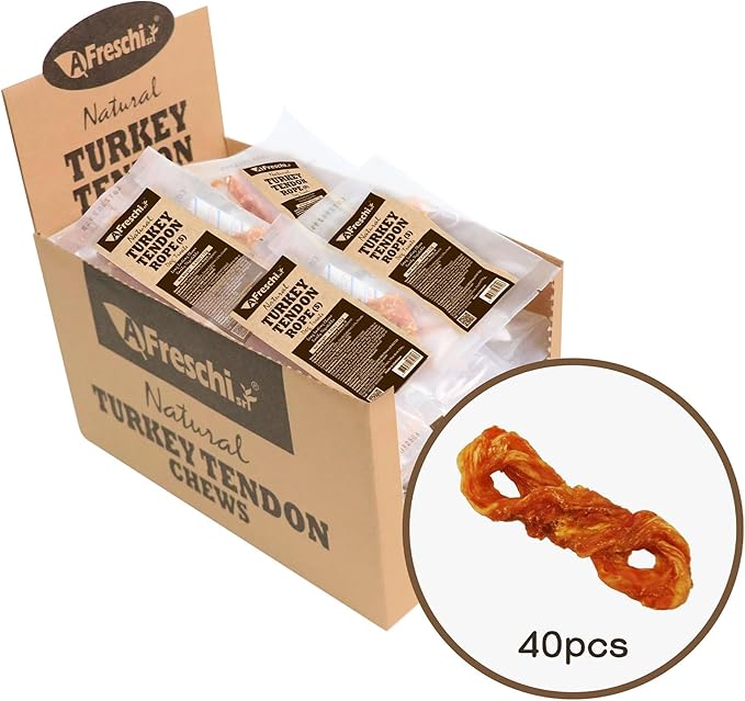A Freschi srl Turkey Tendons for Dogs, USA-Sourced, Healthy Dog Treats, Rawhide-Free Puppy Chews, Long Lasting, All Natural, Hypoallergenic Dog Treats for Small Breeds, 40 Count Box Rope (S)
