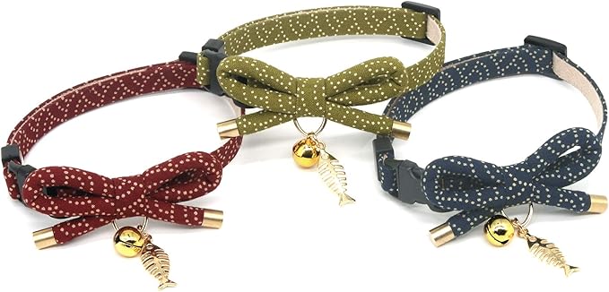 PetSoKoo Cute Bowtie Cat Collar with Bell. Japanese Stylish Bowknot & Fish Charm. Safety Breakaway, Soft, Lightweight, for Girl Boy Male Female Cats Kitten,Red