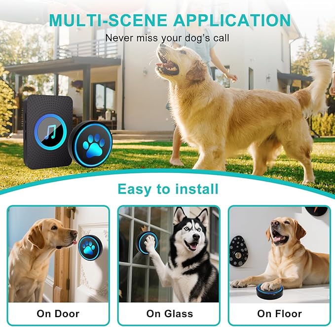 Dog Door Bell for Potty Training, Smart Wireless Doggie Doorbell to Go Outside, 1000 Feet Long Range with IP65 Waterproof Super-Light Touch Button, 60 Melodies & Adjustable Volume (Black)