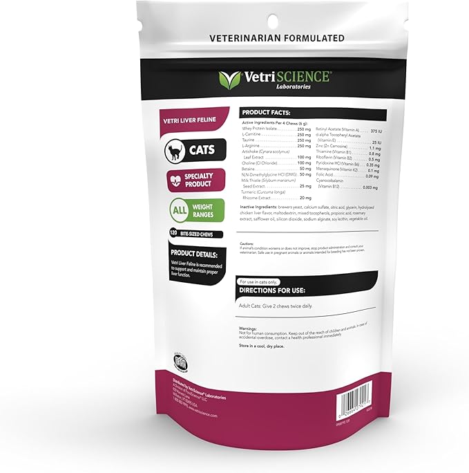 VetriScience Liver Health Chews, Vetri Herbal Detox Supplement for Cats, Milk Thistle, Turmeric and Taurine for Liver Cleanse, Support, and Detoxification, Chicken, 120 Count