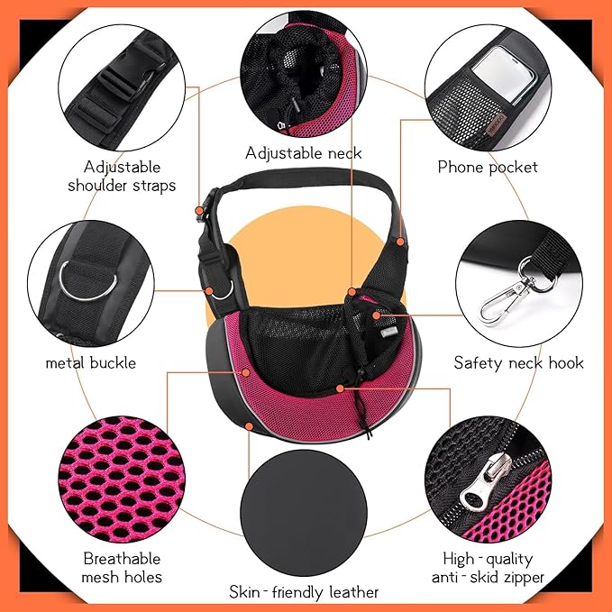 YUDODO Pet Sling Carrier for 2-5 lbs Small Dogs & Cats – Hands-Free Puppy Carrier with Safety Hook, Large Zipper Pocket, Soft Breathable Mesh, Adjustable Strap & Reflective Strip (Pink 3.0 S)