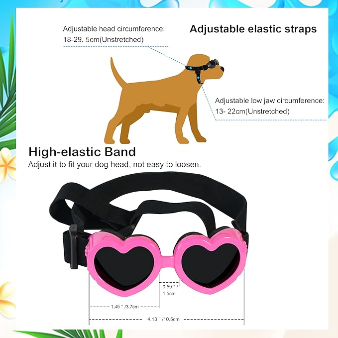 Small Breed Dog Sunglasses, UV Protection with Adjustable Strap, Heart-Shaped Goggles for Waterproof, Windproof, Anti-Fog Eye Protection, Beach Accessories (Pink)