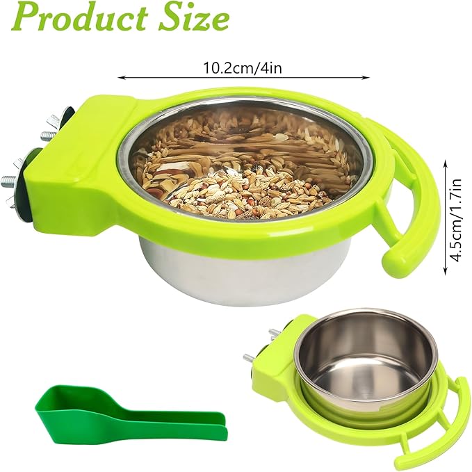 BNOSDM 2 PCS Stainless Steel Bird Bowls Bird Feeding Dish Water Cups Perch Stand Hanging Parakeet Food Container Food and Water Bowls with Spoon for Budgie Cockatoo Finch Lovebirds (Green)