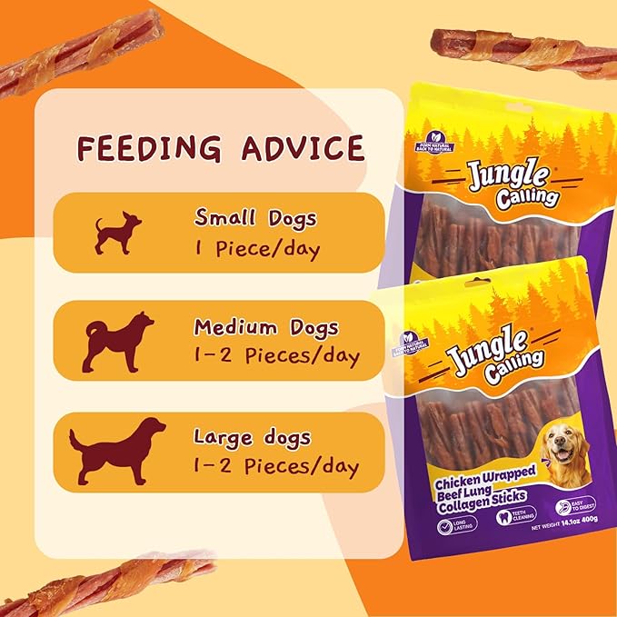 Jungle Calling Beef Collagen Sticks, Long Lasting Dog Chews, Chicken Wrapped Treats, Rawhide Alternative for Small Medium Large Dogs, Dental Health, Beef Lung Flavored Bones,14.1 oz, About 22 Sticks