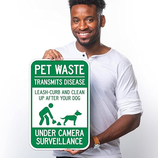 Pet Waste Leash-Curb and Clean Up After Your Dog Under Camera Surveillance Sign, 12x18 Inches, 55 mil Thick HDPS (high Density polystyrene), Made in USA